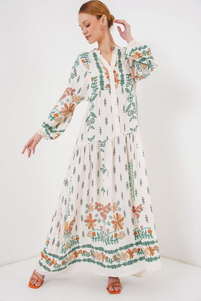 MRA Fashion 2423 Authentic Patterned Hijab Dress - Green 10