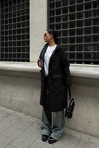 Butik Aura Mou معطف إيدوليكا طويل مبطن بسحاب وغطاء للرأس 7062