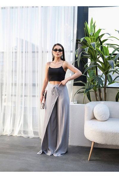JANES Linen Wide Leg Trousers with Cross Piece Elastic and Lacing on the Front