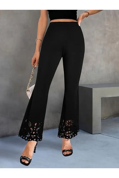 JANES Women's High Waist Expanding to the Leg Laser Flower Cut Detailed Imported Crepe Trousers