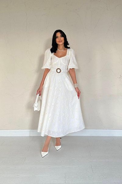 novafems Mra Fashion Ecru Φόρεμα με Κέικ Λεπτομέρεια Κεντημένο με Ζώνη