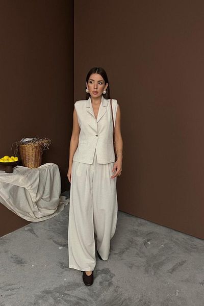 Femella Women Fashion Beige Linen Vest Pants Set