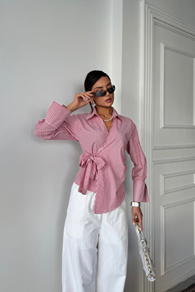 Moda Ebrar Eyesof Striped Poplin Double Breasted Tie Shirt - Red