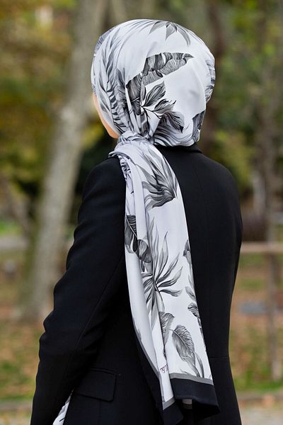 Vissona Luxury Medina Silk Leaf Patterned Silver - Gray Color 75X195 Wrinkle Free Shawl Moss Crepe Stitch Type Italian
