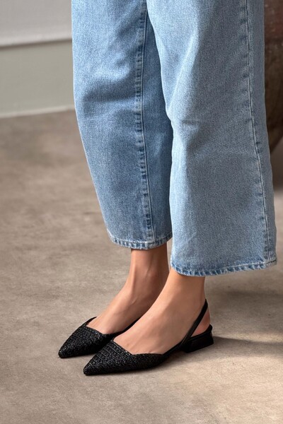 NİŞANTAŞI SHOES Dámské baleríny Elvira Black Straw Back s elastickou špičatou špičkou