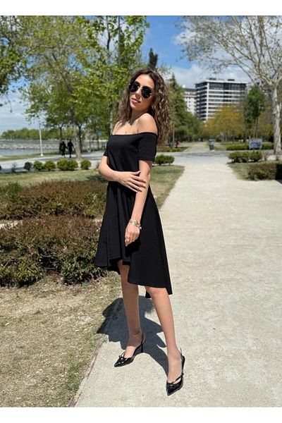 JANES Women's Short Sleeve Madonna Collar Short Front Long Back Imported Crepe Dress