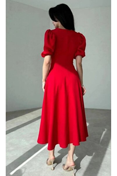 JANES Kadın Kısa Balon Kollu Bisiklet Yaka Geniş Kesim Janjan Krep Elbise