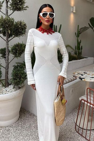 Simala Openwork Detailed Crew Neck Knitwear Dress 2861