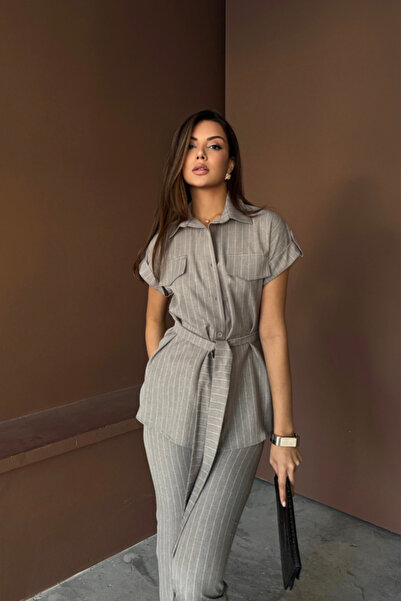 Hariqa Striped Polyviscos Blazer - Pants Suit - Gray