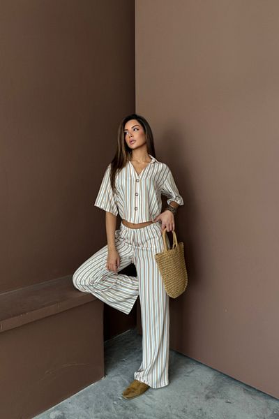 COTTONLAB Striped Crop Shirt - Loose Pants Suit Modal - Beige