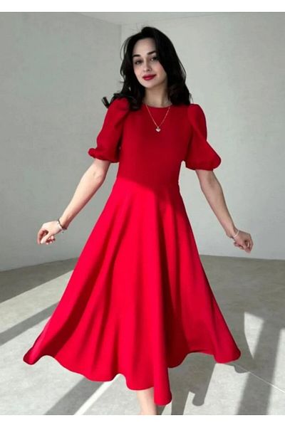 Moka Shopin Mokashopin Women's Short Balloon Sleeve Crew Neck Wide Cut Janjan Crepe Dress