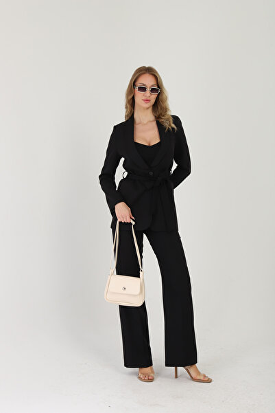 Milamia Costum negru cu curea în talie pentru femei