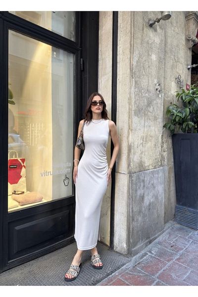 Moka Shopin MokaShopin Osy Modal țesătură moale cu textura decolteu rochie lungă cu fante fără mâneci - alb