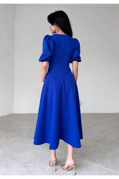 Kokosh moda Women's Short Balloon Sleeve Crew Neck Wide Cut Crepe Dress, Graduation-Special Occasion Dress