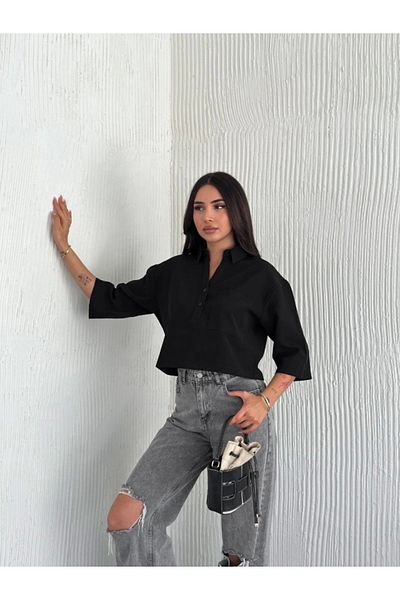 İpeksi Silky Crop Collar Shirt Three Quarter Sleeve - Black