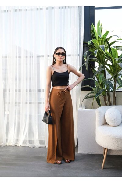 buğrahayalin Linen Wide Leg Trousers with Cross Piece Elastic and Lacing on the Front