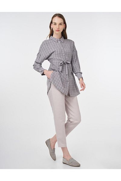 Kayra Plaid Pattern Belted Tunic Gray