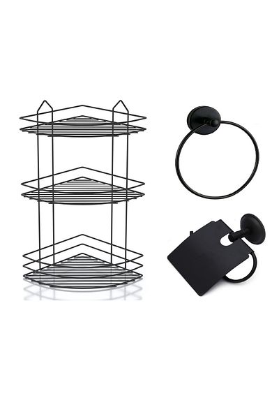Sas Haus Bathroom Accessory Set 3 Pieces Black, Lifetime Stainless Corner Shower Shelf Shampoo Holder Black Ek-03