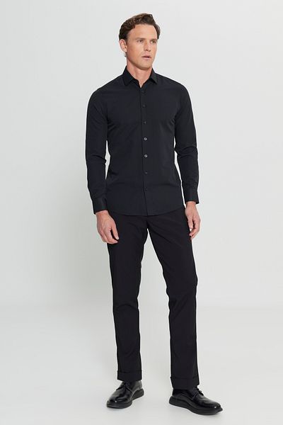 ALTINYILDIZ CLASSICS Men's Black Cotton Slim Fit Slim Fit Classic Collar Dobby Shirt
