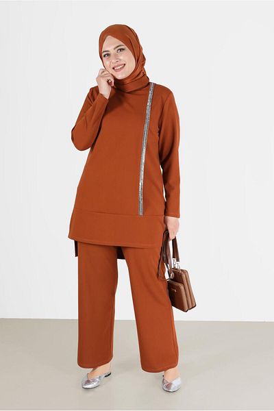 Alvina Double Pants Set with Degaje Collar and Shiny Stripe Detail - 20184