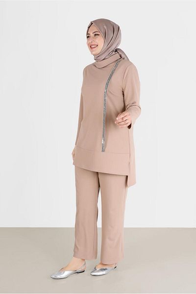 Alvina Double Pants Set with Degaje Collar and Shiny Stripe Detail - 20184
