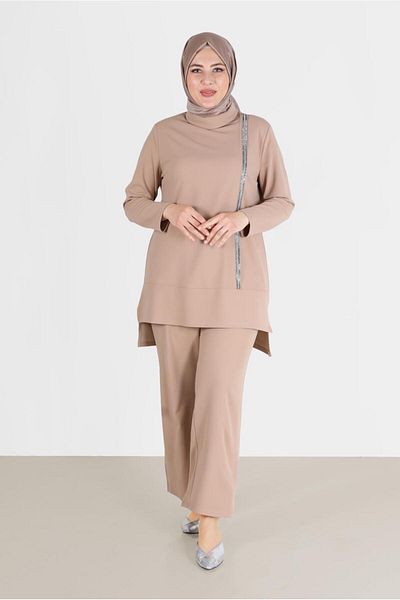 Alvina Double Pants Set with Degaje Collar and Shiny Stripe Detail - 20184