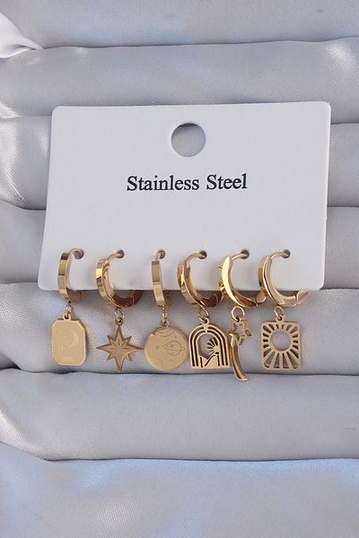 E BULURUM 316L Steel Gold Color Star Figured Tarot Model Hoop Earring Set