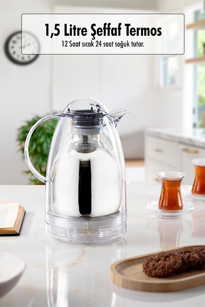 ARDA DİZAYN 1.5 Lt Thermal Insulated Tea and Cold Water Thermos Transparent (Keeps Warm for 12 Hours & Glass Inside)