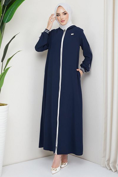 hafsamina Navy Blue Ferace - Με ρίγες και λεπτομέρεια σωλήνων