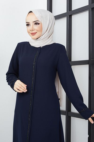 hafsamina Μεγάλο μέγεθος Navy Blue Abaya με λεπτομέρεια κεντήματος από πέτρα
