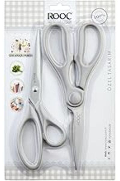 Mu Art Ahşap Rooc Premium Series Ergonomic Handle Steel Food Contact Safe 2-Piece Kitchen Scissors, Gray