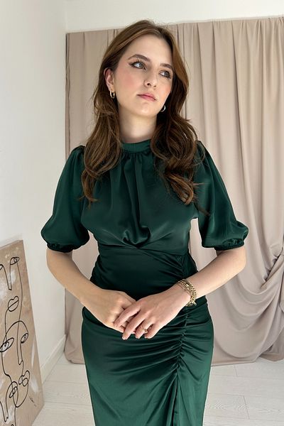 HELİS BUTİK Emerald Satin Dress - Gathered Front Design
