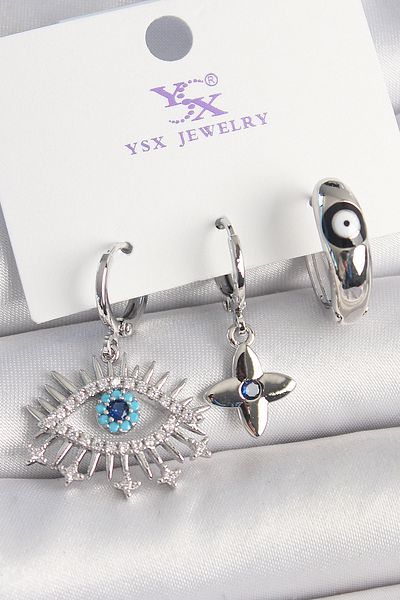 E BULURUM Brass Silver Color Zircon Stone Eye Model Evil Eye Bead Detail 3-Piece Women's Combination Earrings