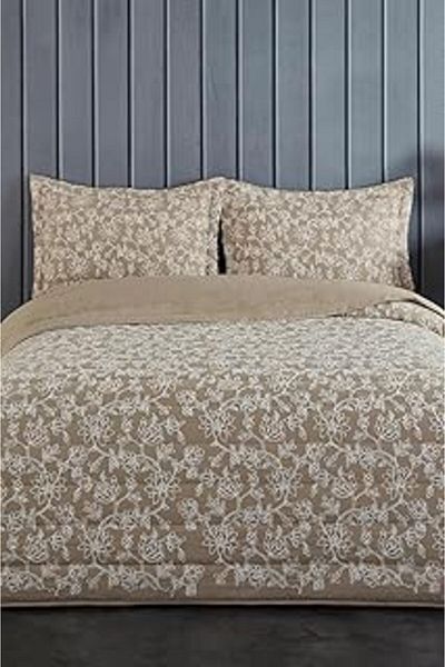 Mu Art Ahşap Perla Embroidered Bedspread Set Double Cotton Fiber Filled Soft 3 Piece Daily Beige