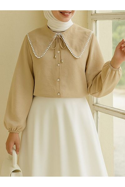 Modamorfo Baby Collar Lace Shirt with Elastic Sleeves - Mink