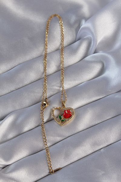 AfraBeauty 316L Stainless Steel Gold Color Heart Red Rose Zircon Stone Women's Necklace