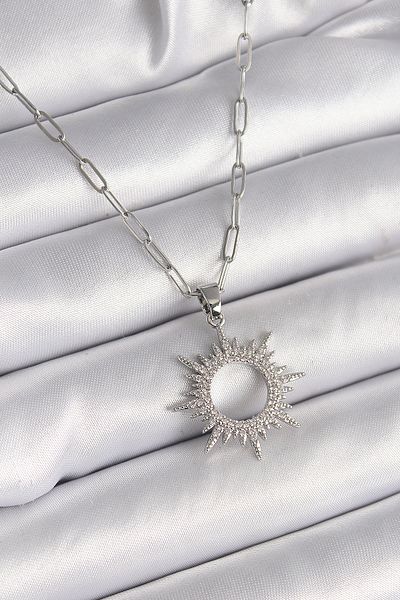 Store 316L Steel Silver Color Chain Zircon Stone Sun Model Women's Necklace