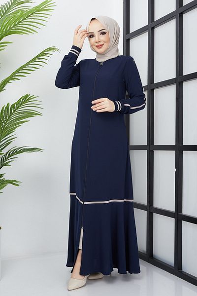 hafsamina Μπλε ναυτικό Abaya με ριγέ λεπτομέρεια