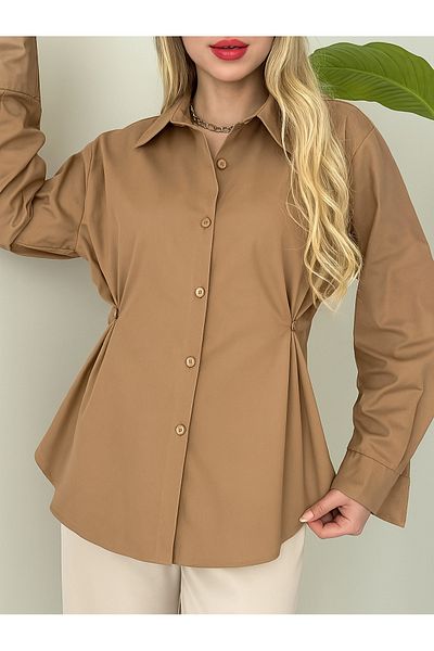 Modamorfo Poplin Shirt with Button Detail on the Sides - Tan
