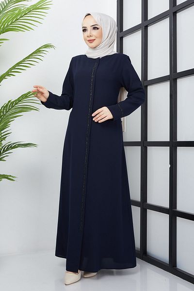 hafsamina Μεγάλο μέγεθος Navy Blue Abaya με λεπτομέρεια κεντήματος από πέτρα