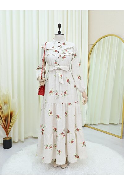 Modamorfo Önü Fırfırlı Yarım Düğmeli Parçalı Keten Elbise -Nar Çiçeği