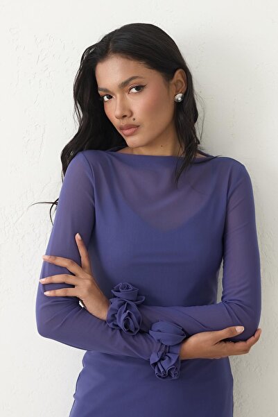Setre Violet Slim Fit Transparent Midi Dress with Sleeve Detail