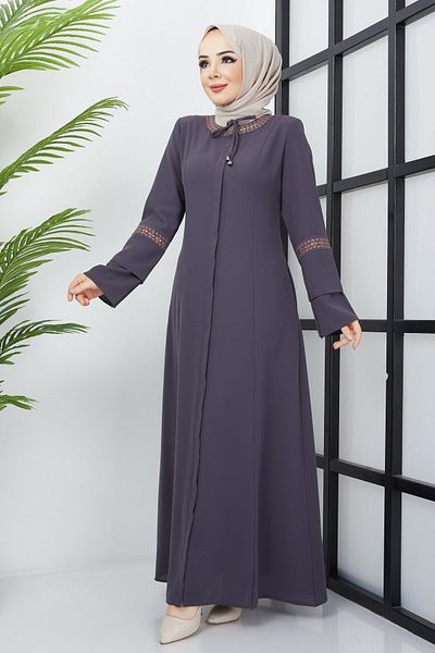 hafsamina Large Size Anthracite Abaya with Embroidery Detail
