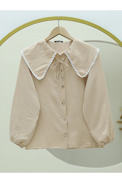 Modamorfo Baby Collar Lace Shirt with Elastic Sleeves - Mink