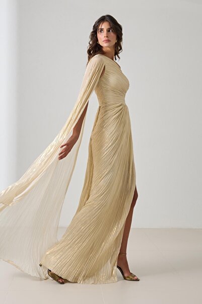 Setre Bone Gold One Shoulder Drape Detailed Full Mold Long Evening Dress