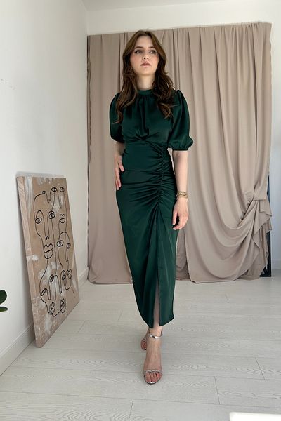 HELİS BUTİK Emerald Satin Dress - Gathered Front Design