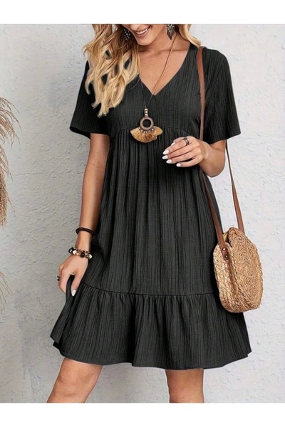 nedo7 فستان نسائي بأكمام قصيرة وياقة على شكل V مكشكش