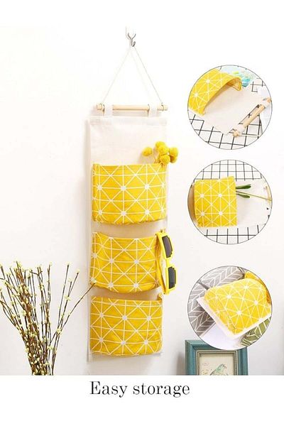 CRACOS Hanging bathroom organizer, 3 textile shelves, yellow color