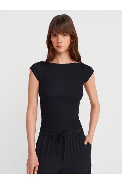 Dilvin 31809 Boat Neck Ribbed T-Shirt-Black