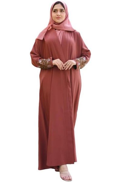 HAWRAA Wrap Abaya Quarter Klush in Soft Orange with Hand Embroidery on Sleeves